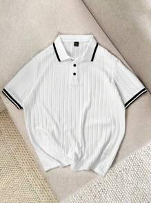Claim Dot 男士休闲罗纹饰边短袖 Polo 衫，适合夏季/日常穿着，男士针织 Polo 衫，男士针织 Polo 衫，男士罗纹 Polo 衫，修身针织 Polo 衫，男士白色罗纹 Polo 衫，送给男朋友的绝佳礼物，开学季男士罗纹针织 Polo 衫，男士短袖针织 Polo 衫 - 白色 - 查看 3