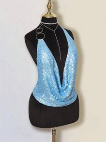 SHEIN ICON 女士性感音乐节度假闪亮亮片透视露背吊带背心，春夏 - 藍色 - 查看 1