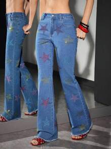 Jeanoix 女式休闲街头水钻星星图案超低腰喇叭裤 - 藍色 - 查看 5