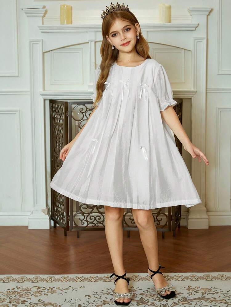 Tween Girls Round Neck Woven Dress With Bow Decor, Cute & Fashionable Short Sleeve Dress For Summer