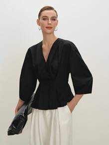 BizChic Women's Black Lantern Sleeve A-Line V-Neck Urban Commuting Office Business Casual Elegant Blouse, Ladies Professional Formal Wear Top - Black - View 3