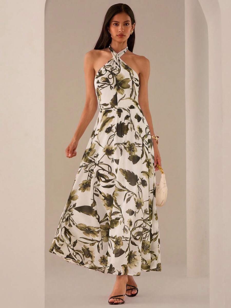Lilora Women's Elegant Floral Print Halter Neck Mid-Length Dress, Halter Neck Dress For Woman, Long Dress Summer Women, Floral Maxi Dress, Women Vacation Dresses Maxi Dress Women Halter Neck Dress For Women - Multicolor - View 1