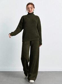 SHEIN Tall 高領落肩袖毛衣與長褲套裝，女款套裝，小個子套裝，套裝，小個子，冬季衣物，高個子女性 - 軍綠色 - 查看 4
