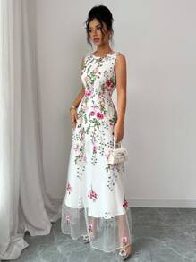 Elenzga Đầm Maxi Không Tay Cinched Eo Thêu Hoa Lưới Cho Nữ - Nhiều màu - Xem 7