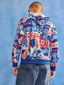 PEPSI X SHEIN 男士休闲字母图案长袖连帽衫，秋季 - 藍色 - 查看 2
