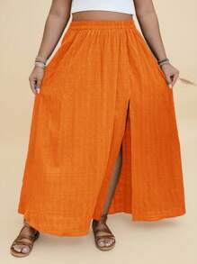 SHEIN VCAY 大码女式纯色松紧腰侧开衩下摆休闲半身裙