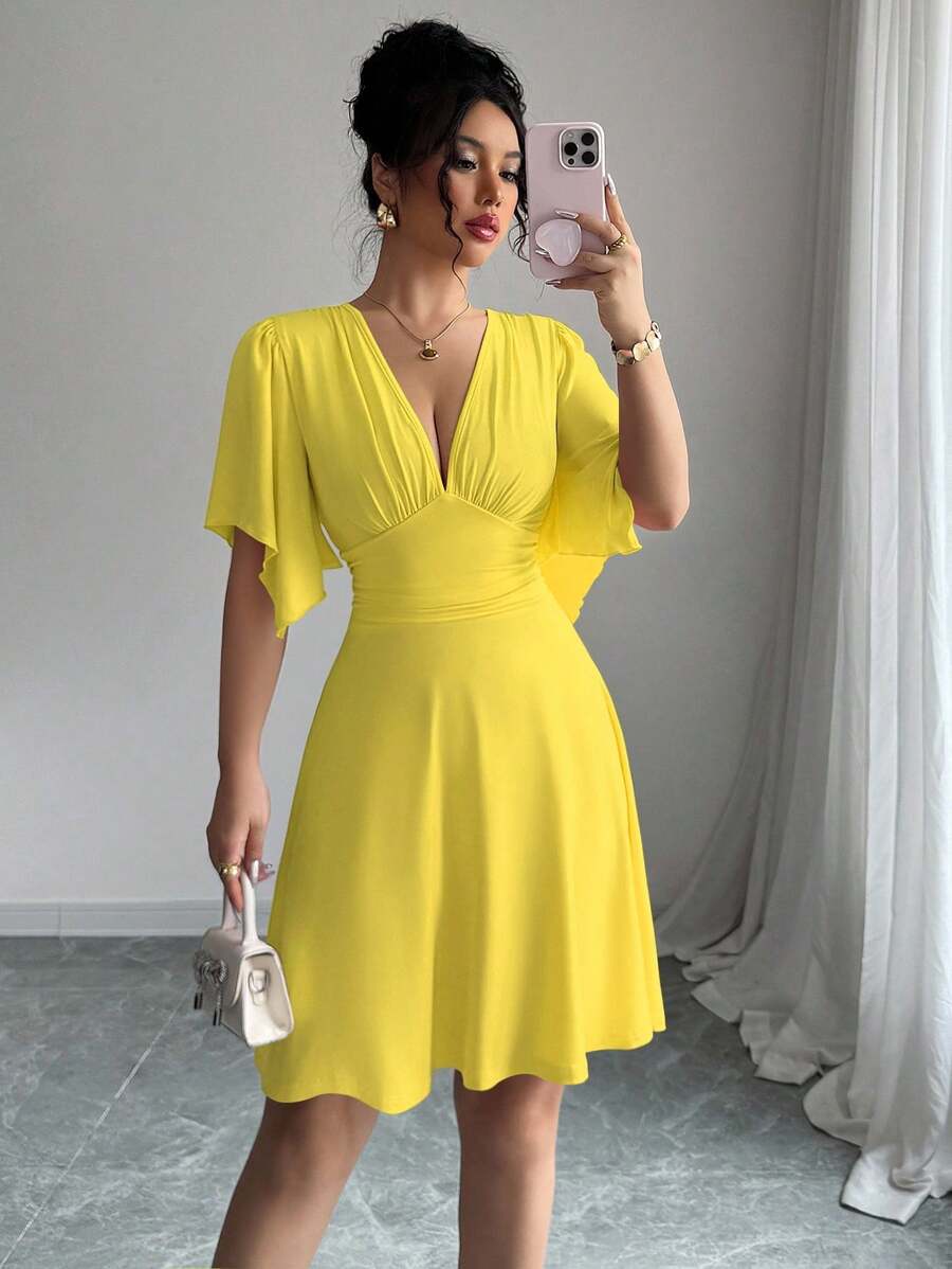 Elenzga New V-Neck Ruched Bust Ruffle Sleeves Women's Waist Cinched Elegant Mini Dress, Flattering & Chic - Yellow - View 1