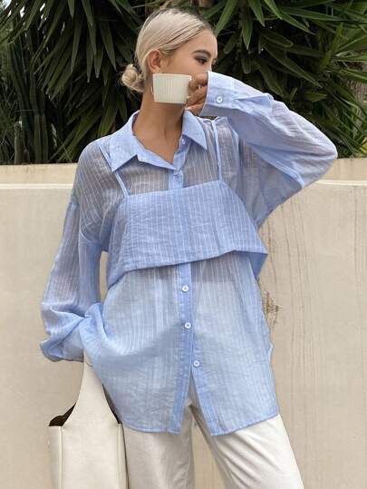 Livesso 女士条纹宽松休闲衬衫，秋季新品