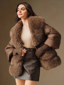 Anewsta Women's Luxurious Faux Fur Collar Lantern Sleeve Thickened Fashion Jacket - Brown - View 7