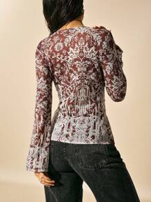 Easelle Women's Summer Boho Vintage Ditsy Floral Totem Gradient Print Mesh Casual Top, Fall Club Country Concert 2000s Style 2000 - Burgundy - View 2