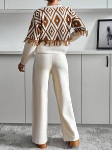 EURMUSE Plus Size Casual Crew Round Neck Ikatt Jacquard Pattern Color Block Fringe Detailed Sweater & Wide Leg Solid Color High Waist Welt Pocket On The Back 2 Piece Knit Set For Fall Wİnter Women - Multicolor - View 2