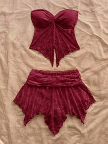 Soleia 女士酒红色蕾丝上衣和裙子两件套服装，适合度假、海滩、音乐节、派对、夏季 - 酒紅色 - 查看 5