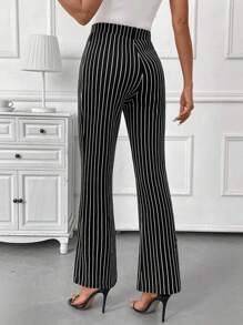 SHEIN Clasi Women's High Waisted Striped Flare Elegant Office Wear Pants - Black - View 2