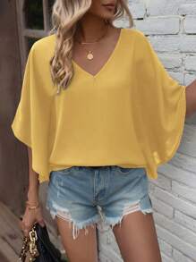 SHEIN LUNE Áo sơ mi nữ tay cánh dơi cổ chữ V rộng rãi thường ngày - Màu vàng - Xem 5
