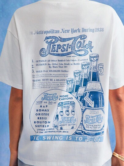 PEPSI X SHEIN Women's Casual Slogan Graphic Round Neck Short Sleeve T-Shirt, Summer