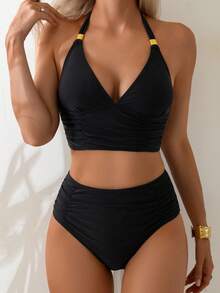 Swim Basics Bộ đồ bơi bikini 2 mảnh hở vai màu trơn cho nữ kèm phụ kiện vàng, thích hợp cho kỳ nghỉ ở bãi biển - màu đen - Xem 3