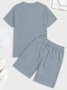 EURMUSE 100%Cotton Men Waffle Fabric Letter Printed Regular T-Shirt & Short Set - Baby Blue - View 2