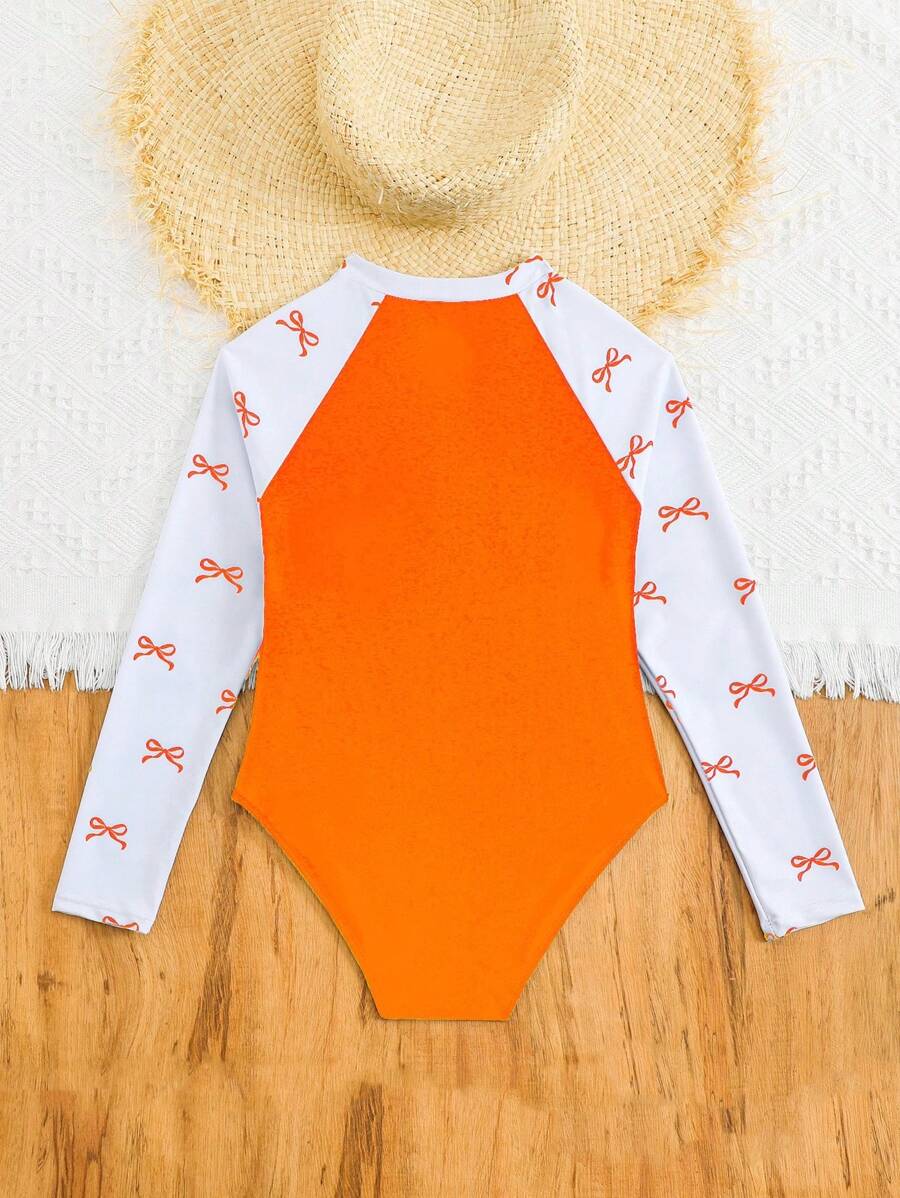 SHEIN Tween Girl Bowknot Print Contrast Color Raglan Long Sleeve One-Piece Swimsuit - Orange - View 1