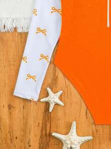SHEIN Tween Girl Bowknot Print Contrast Color Raglan Long Sleeve One-Piece Swimsuit - Orange - View 4