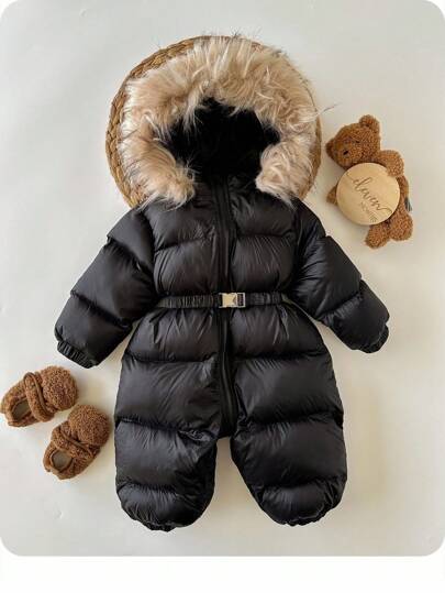 SHEIN Chaqueta de invierno para bebé niña con capucha mullida y cintura ajustada, diseño de patchwork