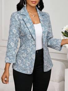 SHEIN Lady 纯色缺口领单排扣口袋简约西装外套商务休闲女士办公室服装工作服女装秋冬装 - 藍色 - 查看 3