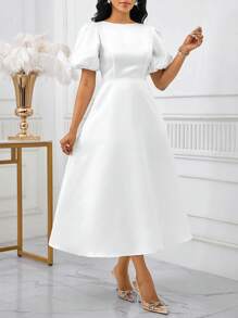 SHEIN Lady Váy tay bồng màu trơn thanh lịch cho nữ mùa xuân và mùa hè Váy dài tay chữ A thanh lịch tay giám mục màu trắng cho đám cưới ngày lễ tình nhân Váy dự tiệc cocktail cỡ lớn Váy dạ hội trang phục mùa thu Váy cho nữ Váy ngày lễ Váy trắng Váy nữ thần Hy Lạp Váy tốt nghiệp màu trắng - trắng - Xem 5