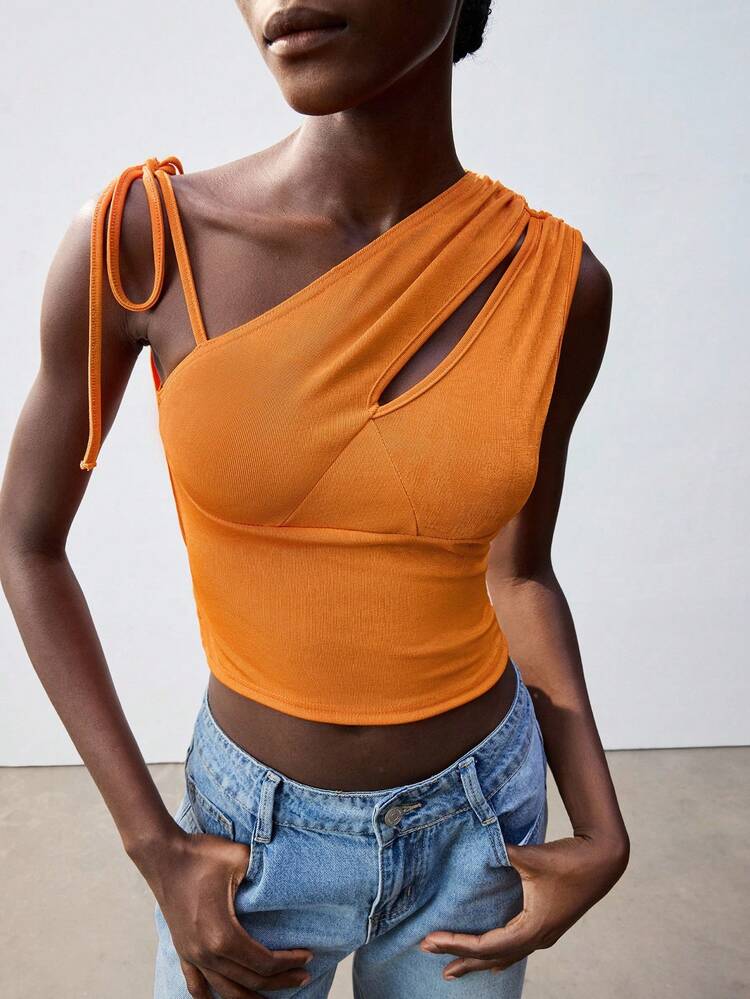 SHEIN Maija 2025 여름 오렌지 어깨 끈 컷아웃 셔링 레이디스 탑, 음악 축제, 해변 리조트, 캐주얼, 낭만적인 도시 여행, 외출, 파티, 결혼식, 졸업식, 해변/휴가 착용, 보헤미안 이비자 스타일, 여름 도파민 휴가 룩, 시골 음악회, 웨스턴 스타일에 적합