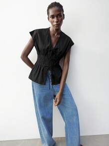 Maija New Spring/Summer Black Front Tie Bow Waist Pleated Shoulder Blouse For Women - Black - View 5