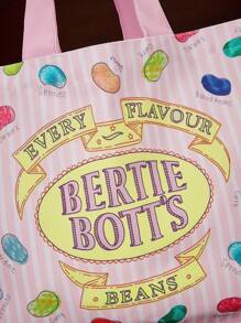 HARRY POTTER X SHEIN 1个神奇的比比怪味豆图案帆布手提袋，超大容量，适合通勤、购物、休闲、旅行，也适合女性、学生、圣诞节等场合，是绝佳的圣诞礼物之选，也是理想的送礼佳品。 - 粉色 - 查看 5