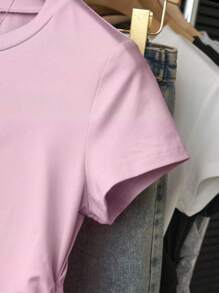 INAWLY 女式大码休闲圆领短袖褶皱T恤，夏季 - 粉色 - 查看 5