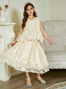 Hapijoa 女童加大蕾丝拼布不对称下摆上衣和裙子套装，夏季 - 杏色 - 查看 6