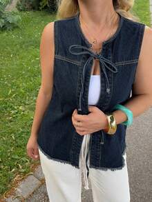 Jeta Ari Women's Denim Vest With Bow Decoration - Dark Wash - View 3