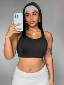 Easithlete 加大码经典黑色运动文胸，带固定罩杯、多线隔层、增强胸围、可调节肩带和后钩，提供高支撑 - 黑色 - 查看 6