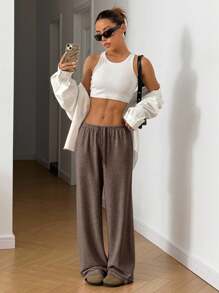 SHEIN EZwear 秋季大码休闲宽松纯色裤 - 卡其色 - 查看 3