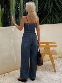 Livesso 女式夏季无袖口袋宽腿宽松牛仔连体裤 - 藍色 - 查看 2