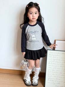Zikori Zikori Young Girls' Casual Animal Pattern Color-Block Long Sleeve T-Shirt
