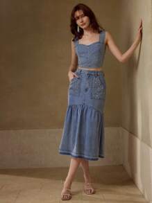 MOTF PREMIUM 水钻细节牛仔上衣和裙子两件套 - 藍色 - 查看 6