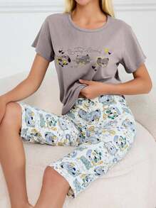EURMUSE Conjunto de pijama de 2 piezas de 100% algodón con estampado de animales lindos, que incluye camisa y pantalón capri - Marrón Mocha - Ver 3