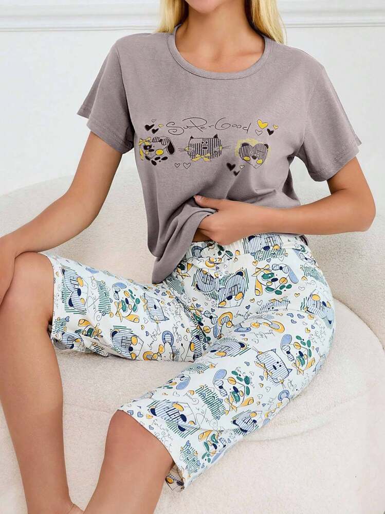 EURMUSE 100%Cotton 2Pcs Cotton Cute Animals Printed Shirt And Animals Printed Capri Homewear PJ Set - Mocha Brown - View 3