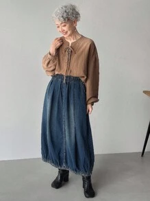 FRIFUL 女士休闲水洗褶边牛仔半身裙 - 藍色 - 查看 6