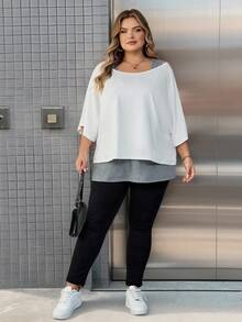 SHEIN CURVE+ Curves 大码/学校服装/返校服装/返校大码女式休闲两件套西装、背心和露肩上衣两件套西装、女式夏季两件套西装、外出上衣、女式夏季服装、露肩上衣、可爱上衣、可爱夏季上衣、大码女式上衣、女式夏季上衣、大码基本款上衣、宽松大码上衣、女式半袖上衣 - 彩色 - 查看 5