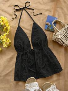 Soleia 女士度假白色纹理露背系带吊带背心，适合派对、约会、下午茶、海滩、夏季 - 黑色 - 查看 1