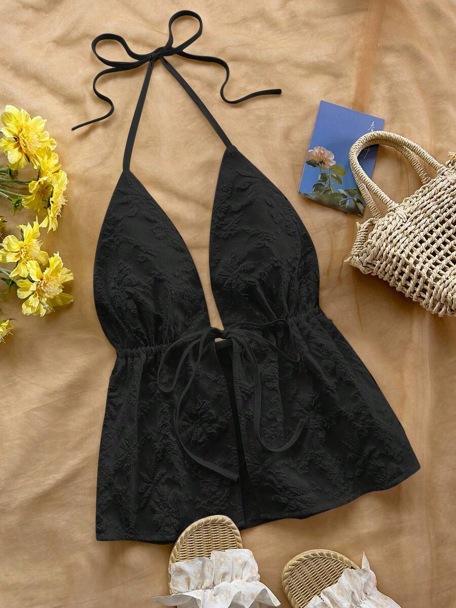 Soleia 女士度假白色纹理露背系带吊带背心，适合派对、约会、下午茶、海滩、夏季 - 黑色 - 查看 1