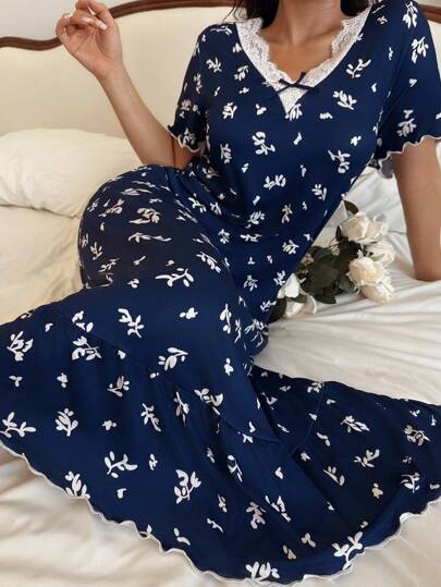CottageSlumber Romantic Flora Ditsy Bloemen Ruffle Kanten Splicing Neck Zachte Milk Zijden Mid Length Ladies Home Com Tafel Nightgown, Marine Vintage Pajama Dress, Moo Cozy Elegante view 4