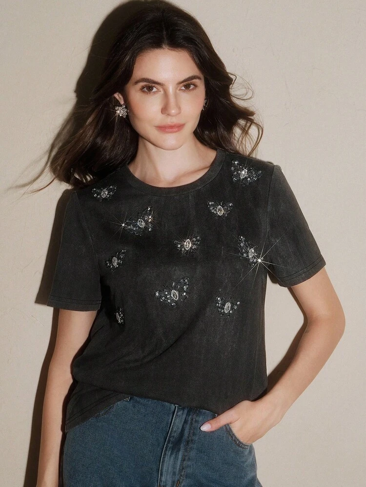 Women's Elegant Loose Rhinestone Butterfly Decor Comfortable T-Shirt, Summer