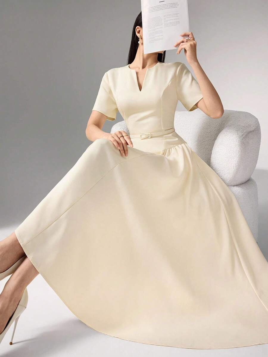 Heiryn V-Neck, Pleated, Waist Gathered Korean Style Commute Dress, Short Sleeve, Summer