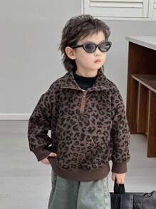 Dazy Kids Toddler Boys' Loose Fit Leopard Print Collar Sweatshirt, Casual Autumn