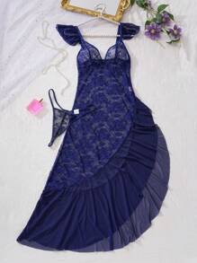 SHEIN 2 件套：性感蕾丝撞色网眼不对称荷叶边下摆长裙 + 丁字裤