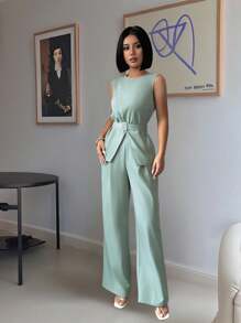 Chiquease 1件装女士夏季修身扭腰优雅连体裤套装，适合大学穿着 - 綠色 - 查看 3