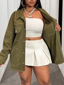 Slaydiva 大码秋冬新款女装，宽松休闲超大款工装外套，外缝拼接设计，橄榄绿大码女式外套 - 綠色 - 查看 15